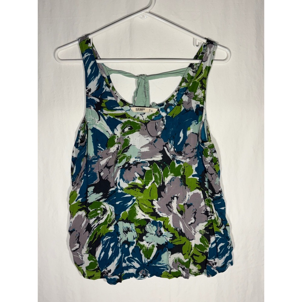 Old Navy Womens Medium Floral Tank Top Blue Green Rayon Strappy Tie Back